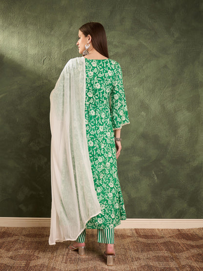 Green & White Floral Gathered Kurta Set with Dupatta