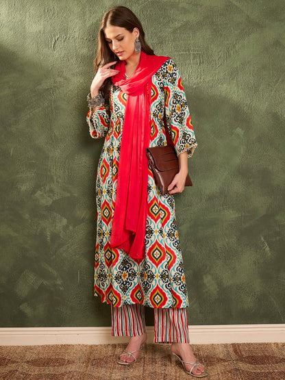 Women Blue & Red Ikat Print Gathered Kurta Set with Dupatta