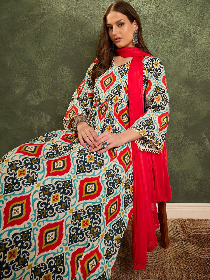 Women Blue &amp; Red Ikat Print Gathered Kurta Set with Dupatta