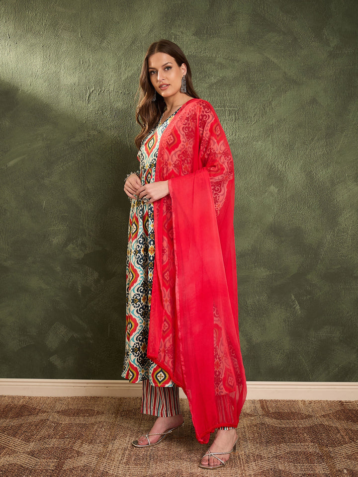 Women Blue &amp; Red Ikat Print Gathered Kurta Set with Dupatta