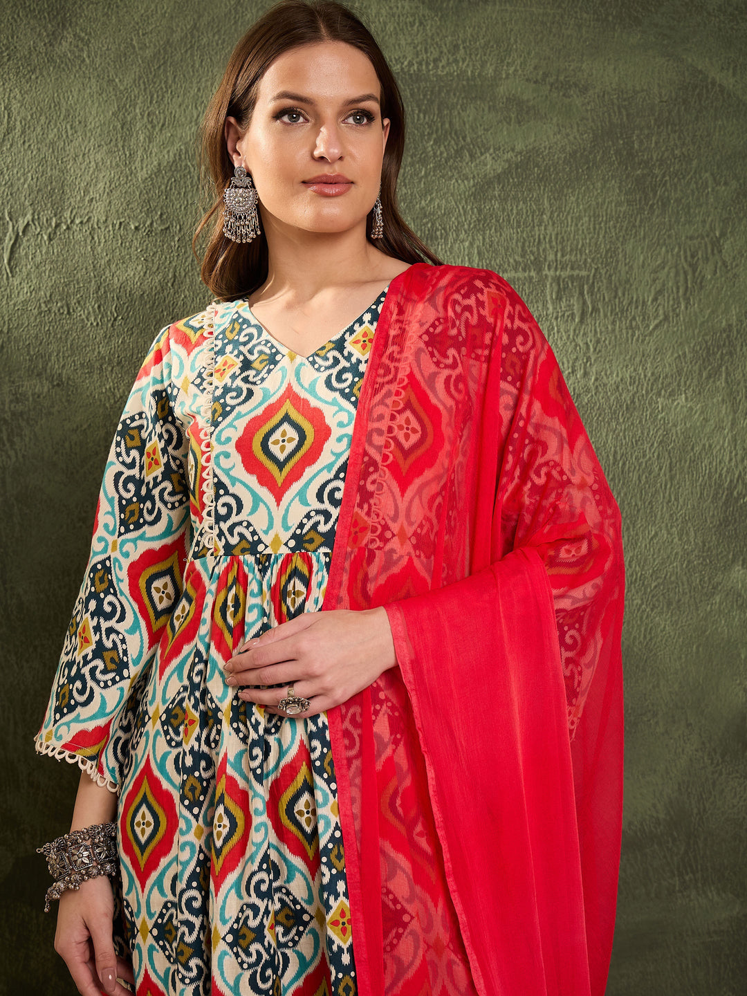 Women Blue &amp; Red Ikat Print Gathered Kurta Set with Dupatta