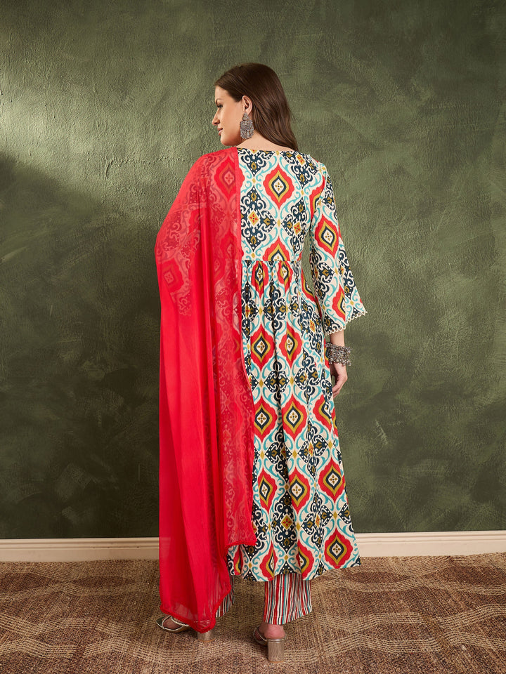 Women Blue &amp; Red Ikat Print Gathered Kurta Set with Dupatta