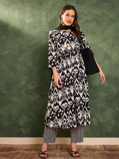 Women Black Ikat Dori Gathered Kurta Set with Dupatta
