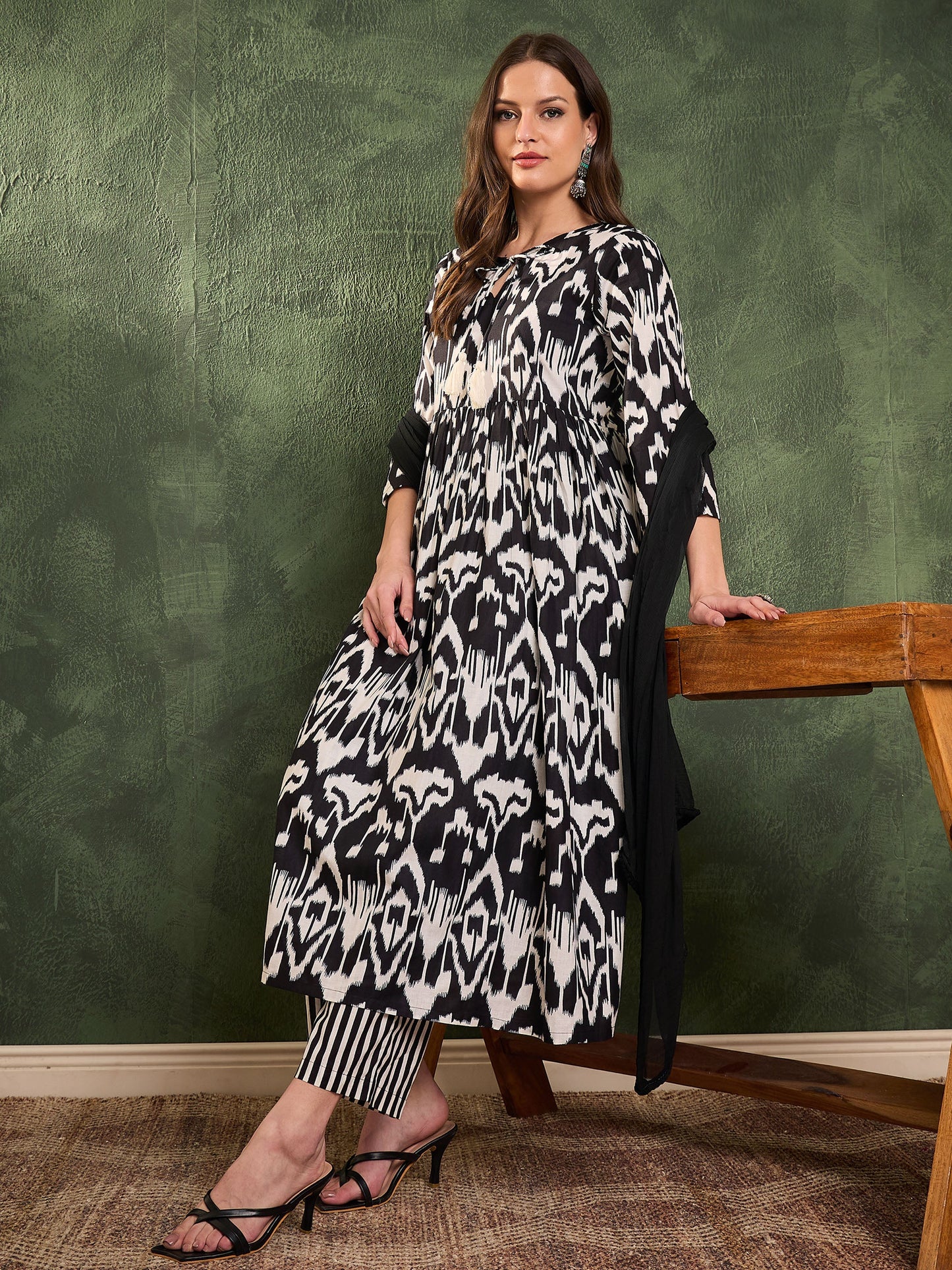 Women Black Ikat Dori Gathered Kurta Set with Dupatta