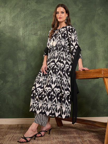 Women Black Ikat Dori Gathered Kurta Set with Dupatta