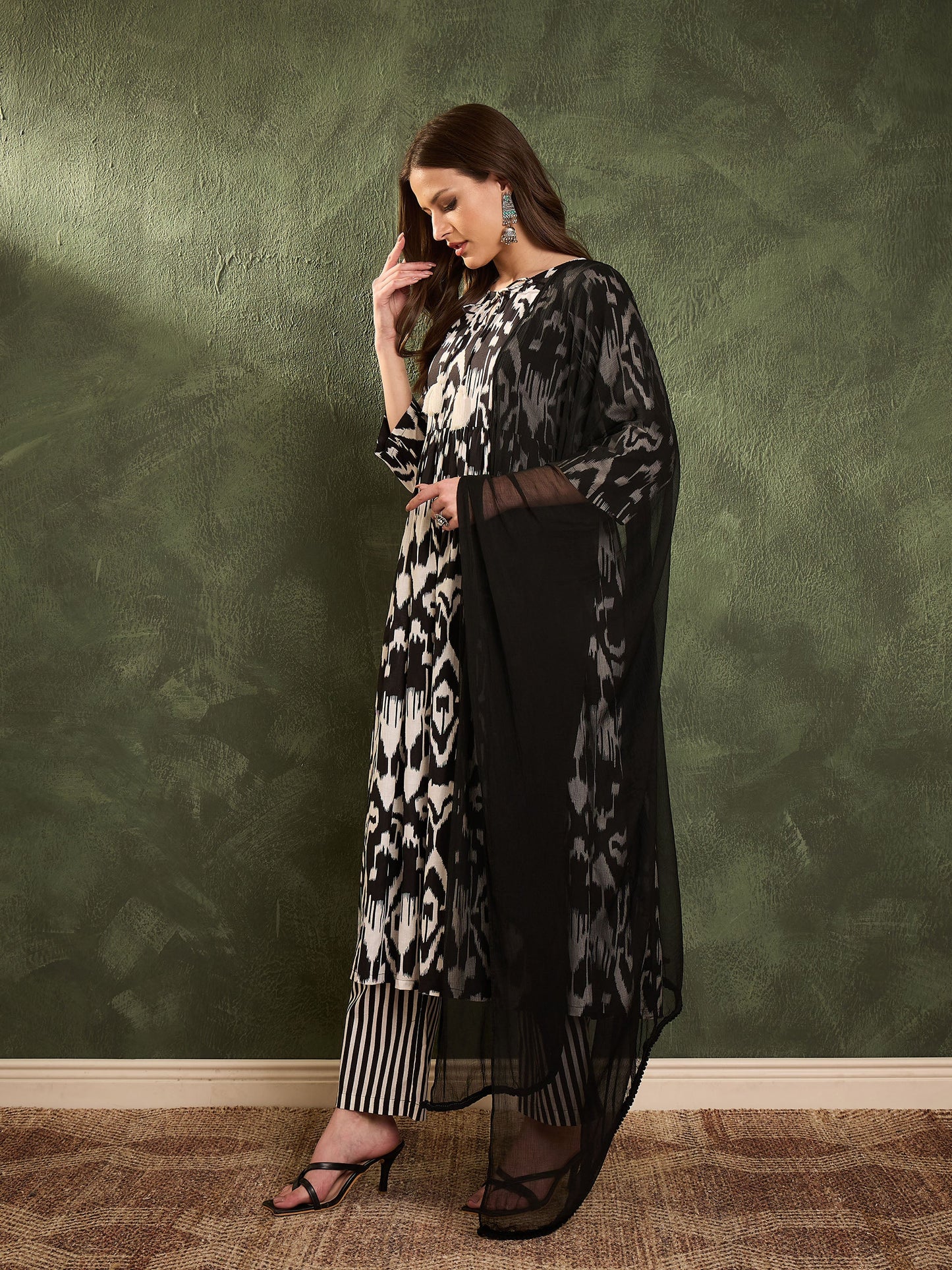 Women Black Ikat Dori Gathered Kurta Set with Dupatta