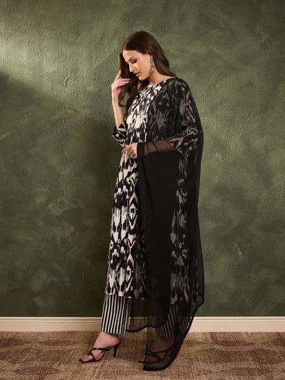 Women Black Ikat Dori Gathered Kurta Set with Dupatta