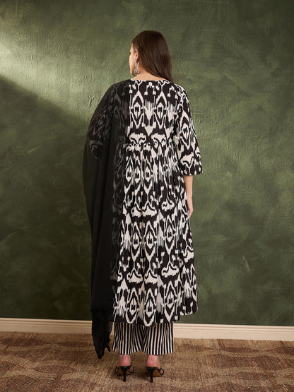 Women Black Ikat Dori Gathered Kurta Set with Dupatta