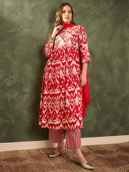 Women Red Ikat Dori Gathered Kurta Set with Dupatta