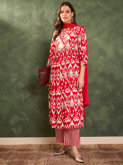 Women Red Ikat Dori Gathered Kurta Set with Dupatta