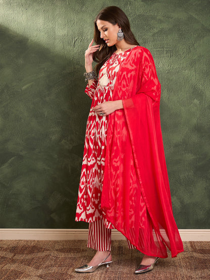 Women Red Ikat Dori Gathered Kurta Set with Dupatta