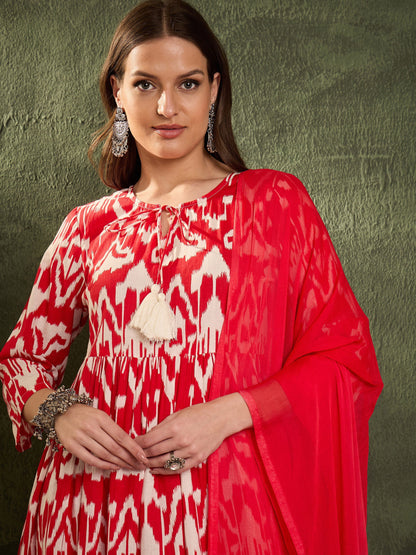 Women Red Ikat Dori Gathered Kurta Set with Dupatta