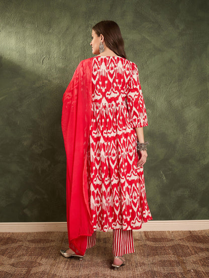 Women Red Ikat Dori Gathered Kurta Set with Dupatta
