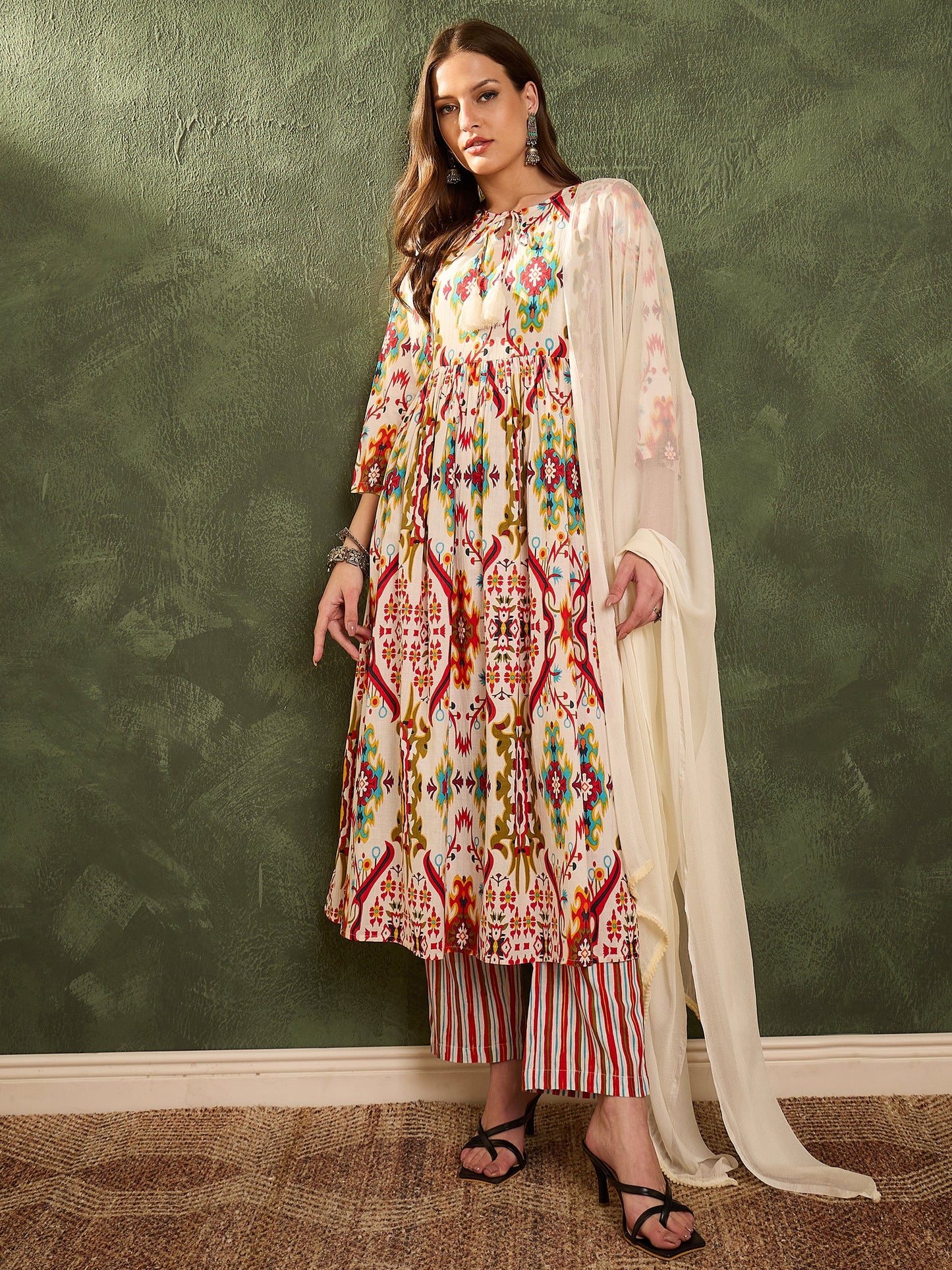 Women Red Multi Ikat Dori Gathered Kurta Set with Dupatta