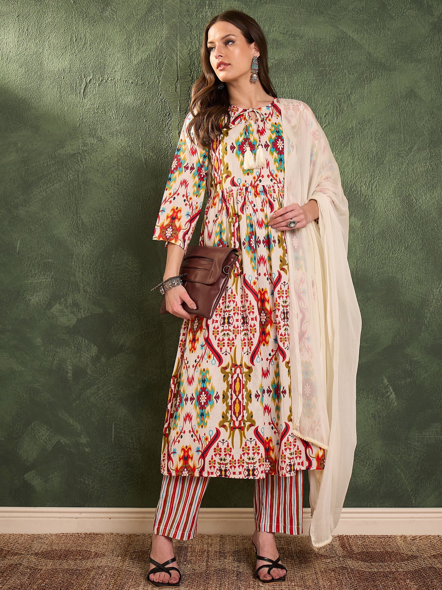 Women Red Multi Ikat Dori Gathered Kurta Set with Dupatta