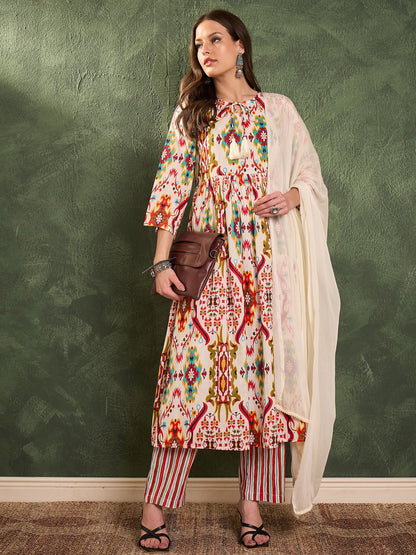 Women Red Multi Ikat Dori Gathered Kurta Set with Dupatta