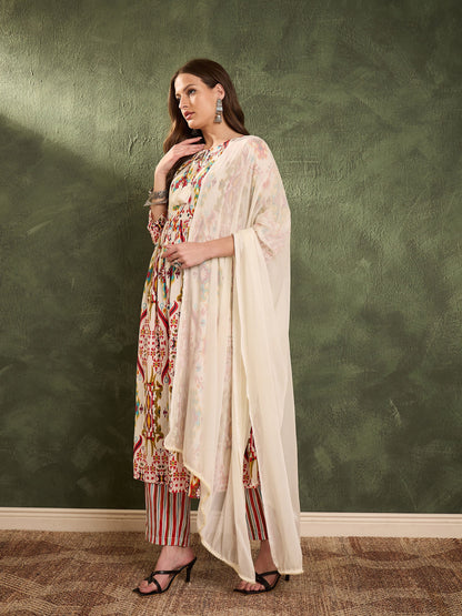 Women Red Multi Ikat Dori Gathered Kurta Set with Dupatta