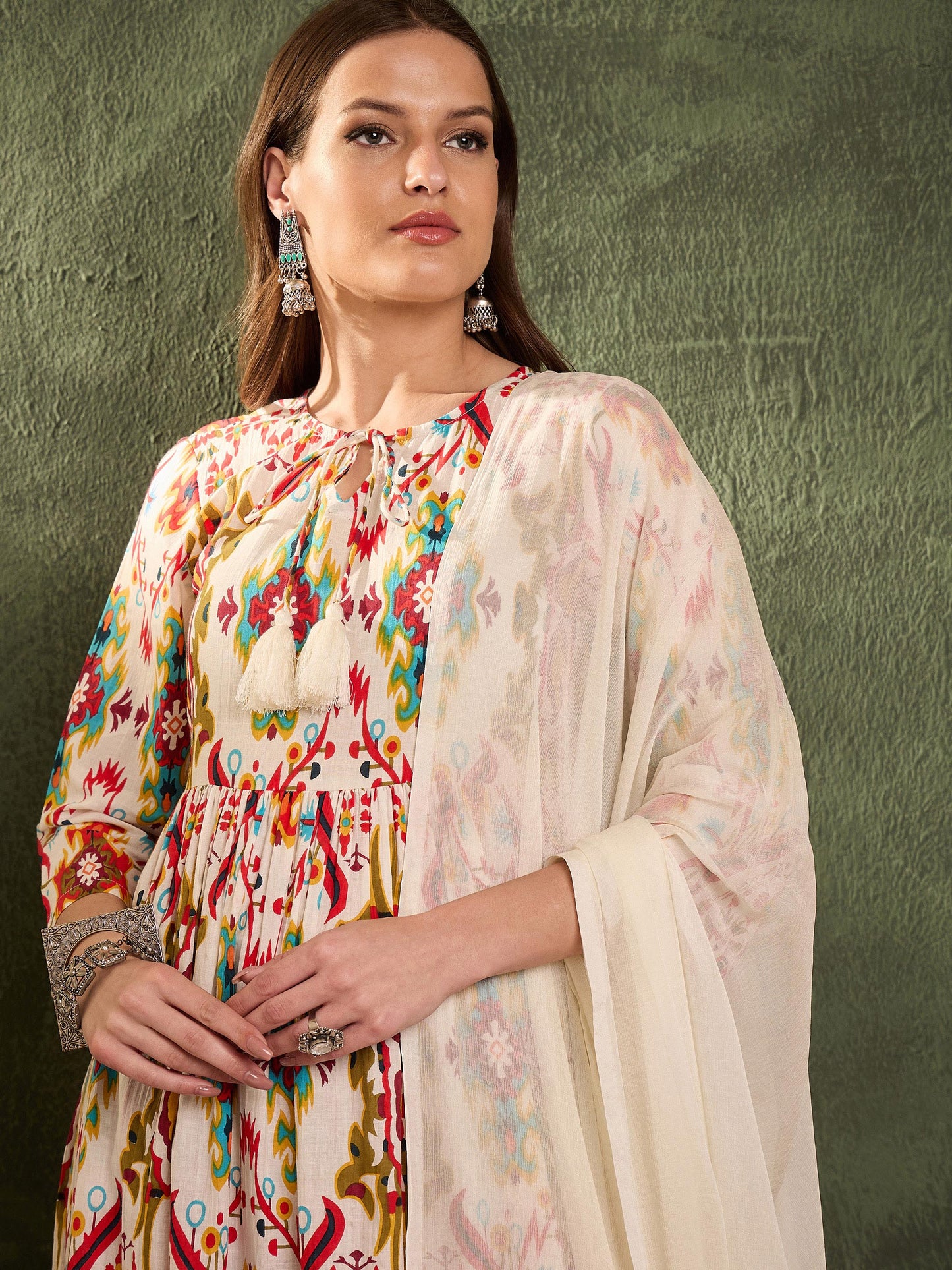 Women Red Multi Ikat Dori Gathered Kurta Set with Dupatta