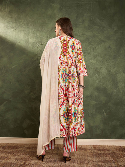 Women Red Multi Ikat Dori Gathered Kurta Set with Dupatta