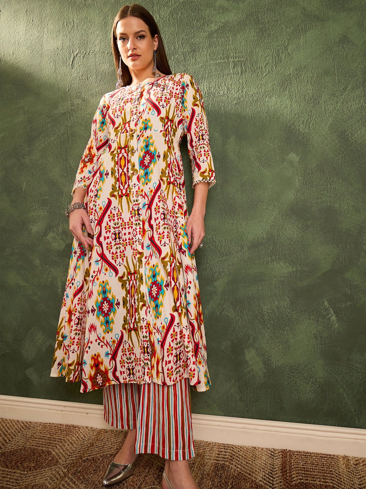 Women Red Multi Ikat Front Button Kurta With Pants