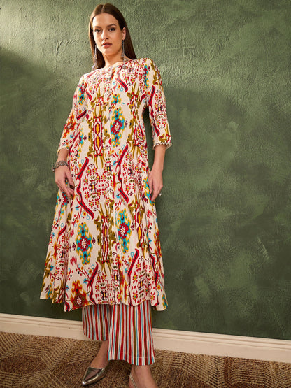 Women Red Multi Ikat Front Button Kurta With Pants