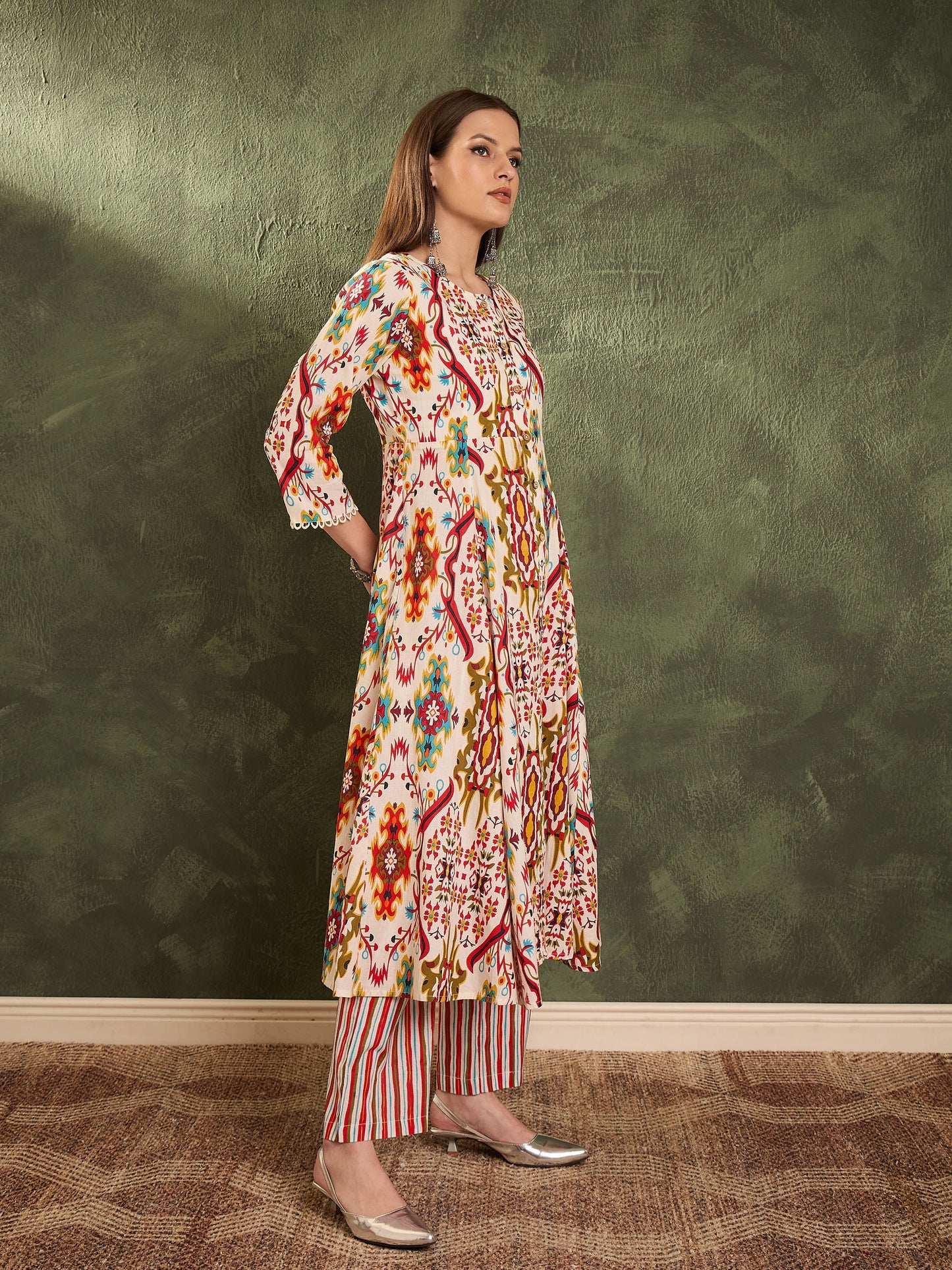 Women Red Multi Ikat Front Button Kurta With Pants