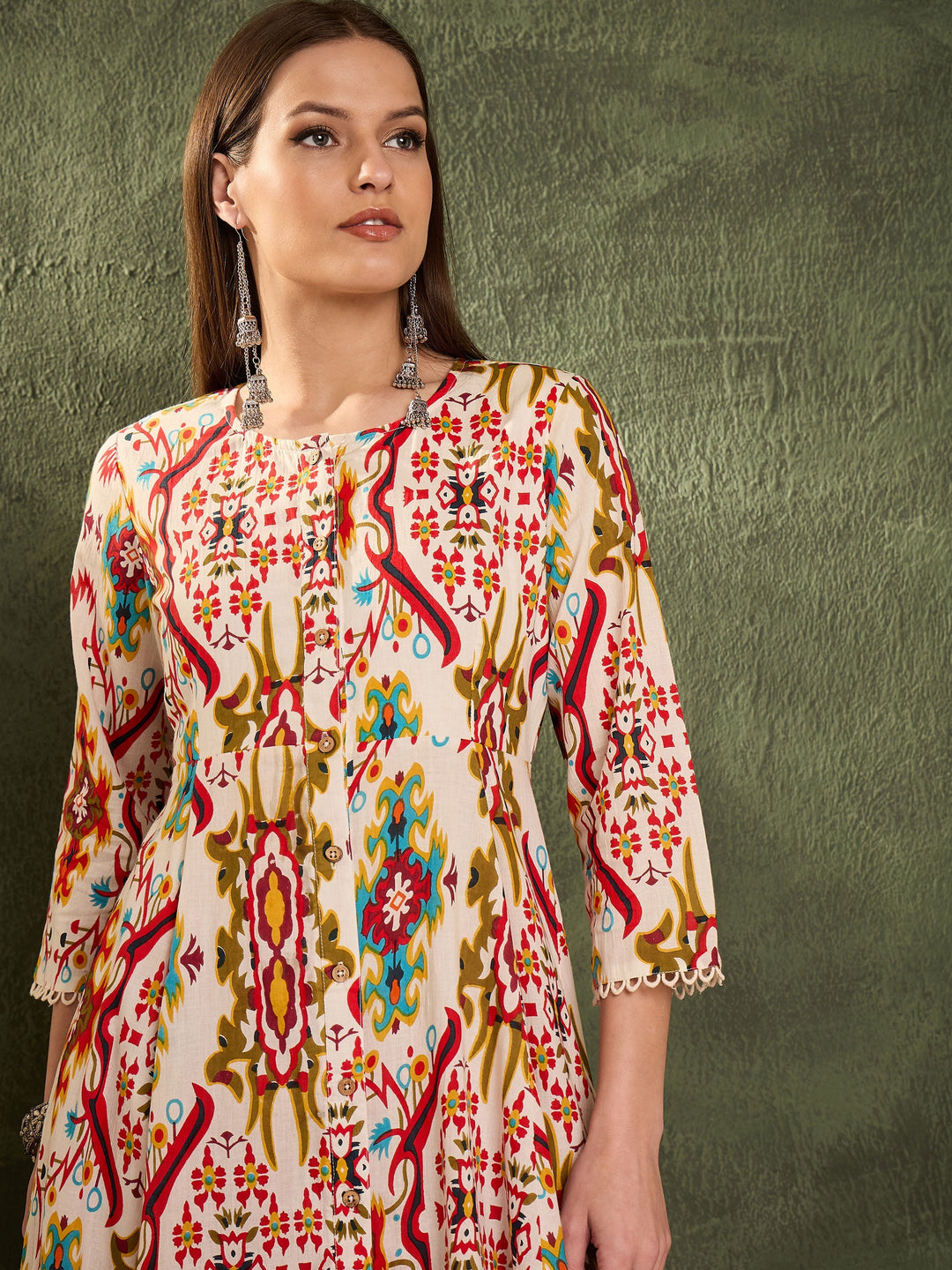 Women Red Multi Ikat Front Button Kurta With Pants
