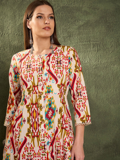 Women Red Multi Ikat Front Button Kurta With Pants