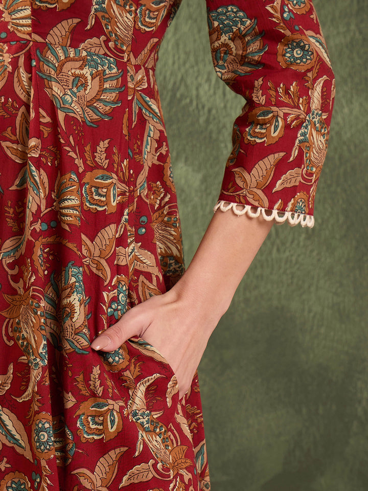 Women Maroon Floral Button Pocket Kurta With Pants