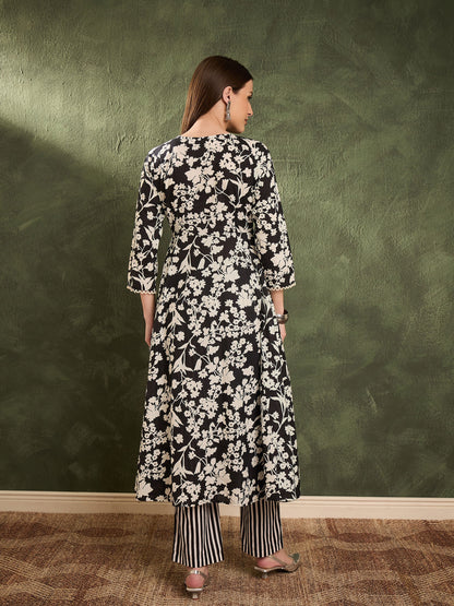 Black Floral Button Pocket Kurta with Pants