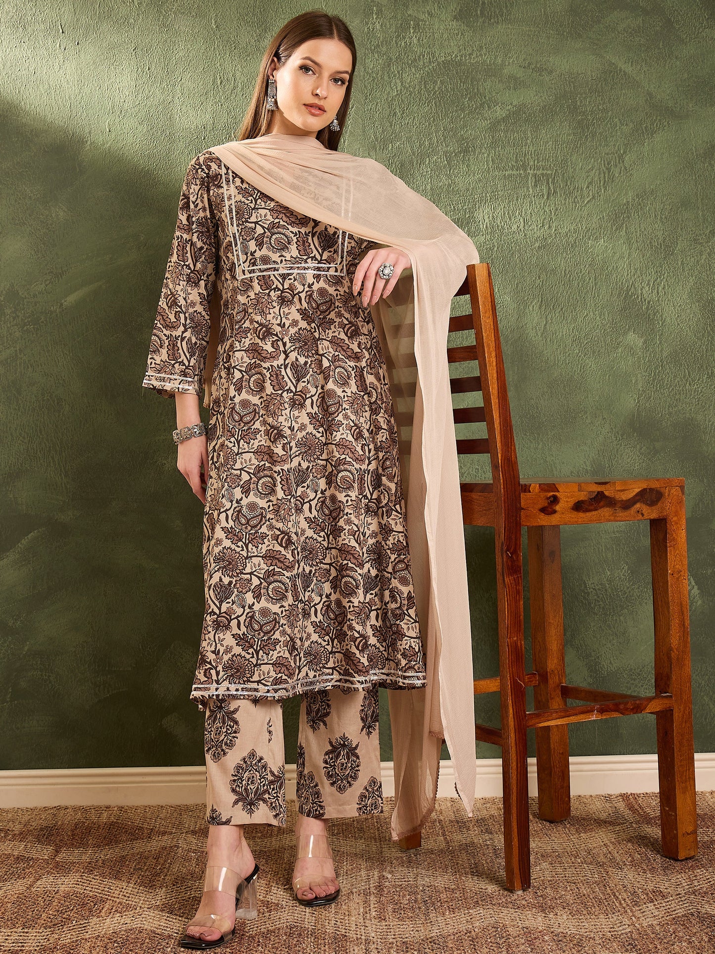 Women Brown & Beige Floral Yoke Kurta Set with Dupatta