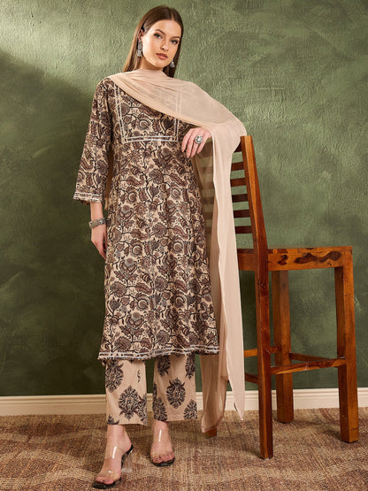 Women Brown & Beige Floral Yoke Kurta Set with Dupatta