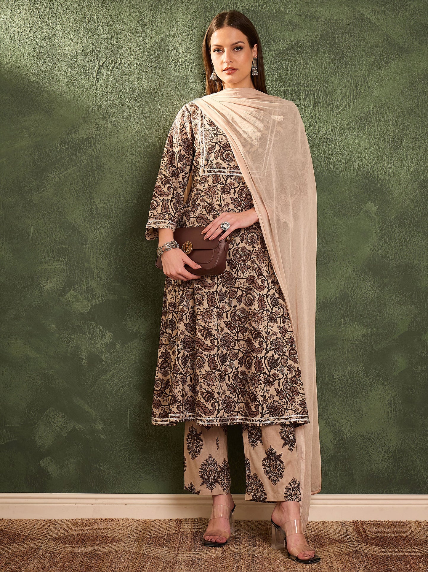 Women Brown & Beige Floral Yoke Kurta Set with Dupatta