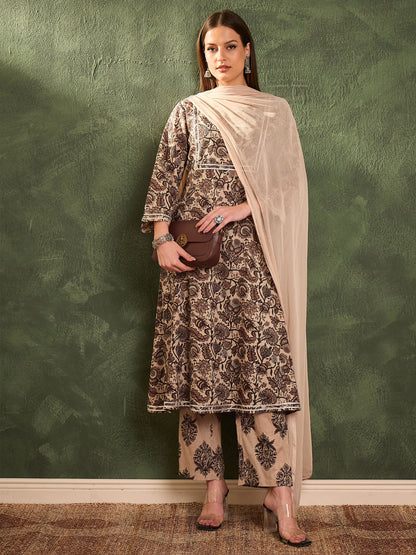 Women Brown & Beige Floral Yoke Kurta Set with Dupatta