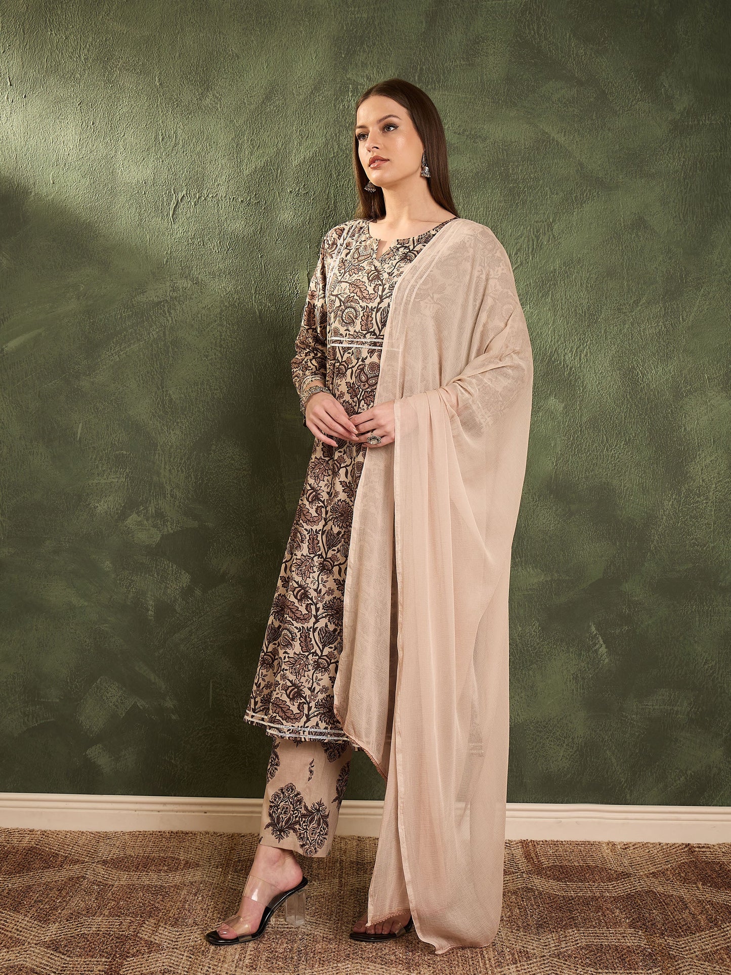 Women Brown & Beige Floral Yoke Kurta Set with Dupatta