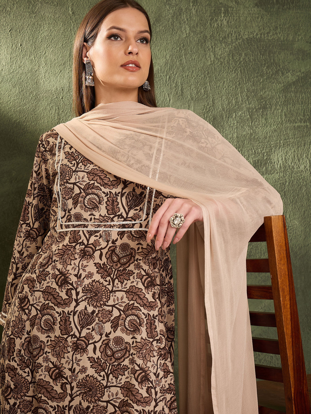 Women Brown &amp; Beige Floral Yoke Kurta Set with Dupatta
