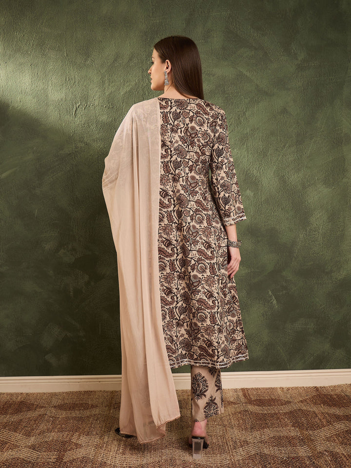 Women Brown &amp; Beige Floral Yoke Kurta Set with Dupatta