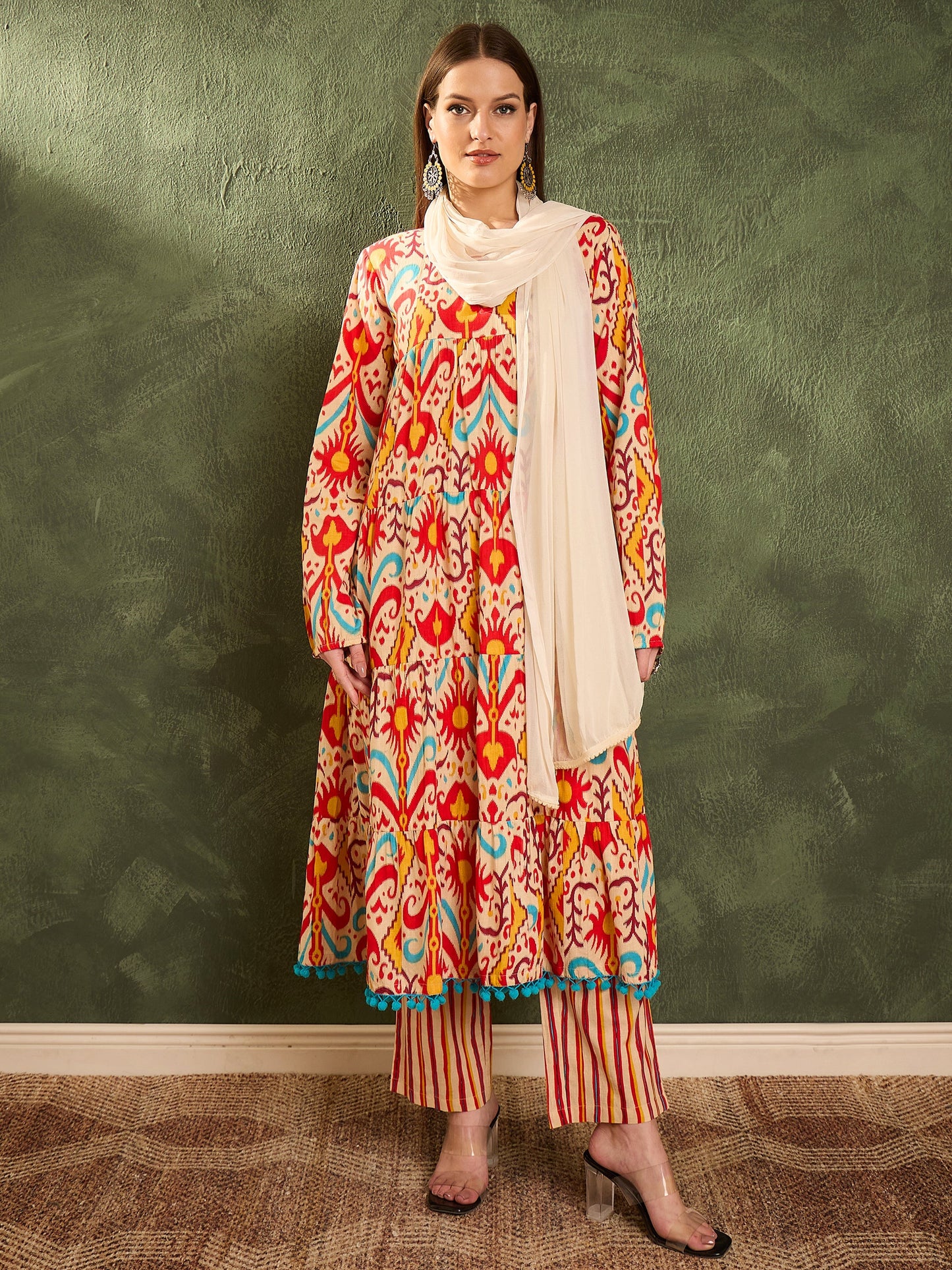 Red & Beige Ikat Tiered Anarkali Kurta Set with Dupatta
