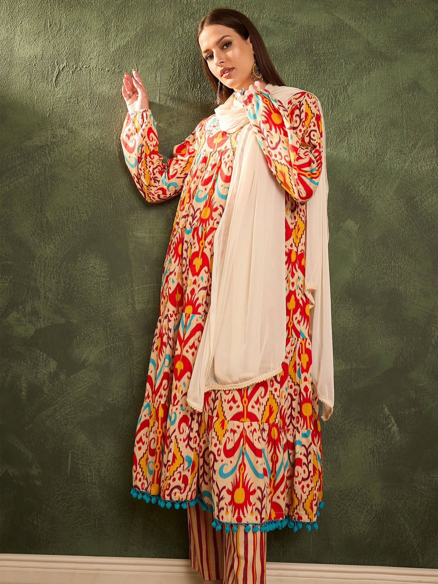 Red & Beige Ikat Tiered Anarkali Kurta Set with Dupatta