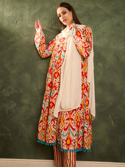 Red & Beige Ikat Tiered Anarkali Kurta Set with Dupatta