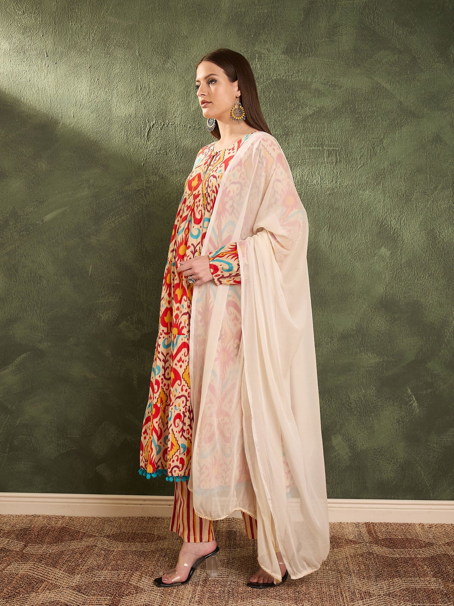 Red & Beige Ikat Tiered Anarkali Kurta Set with Dupatta