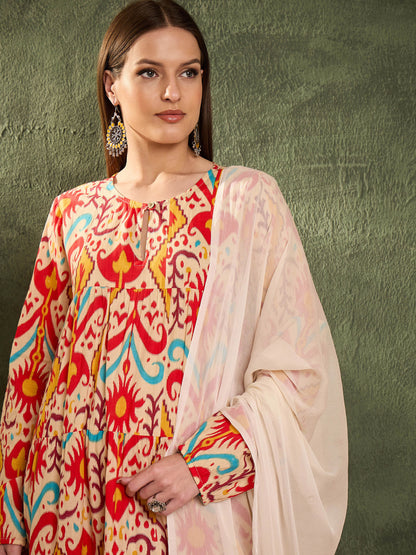 Red & Beige Ikat Tiered Anarkali Kurta Set with Dupatta