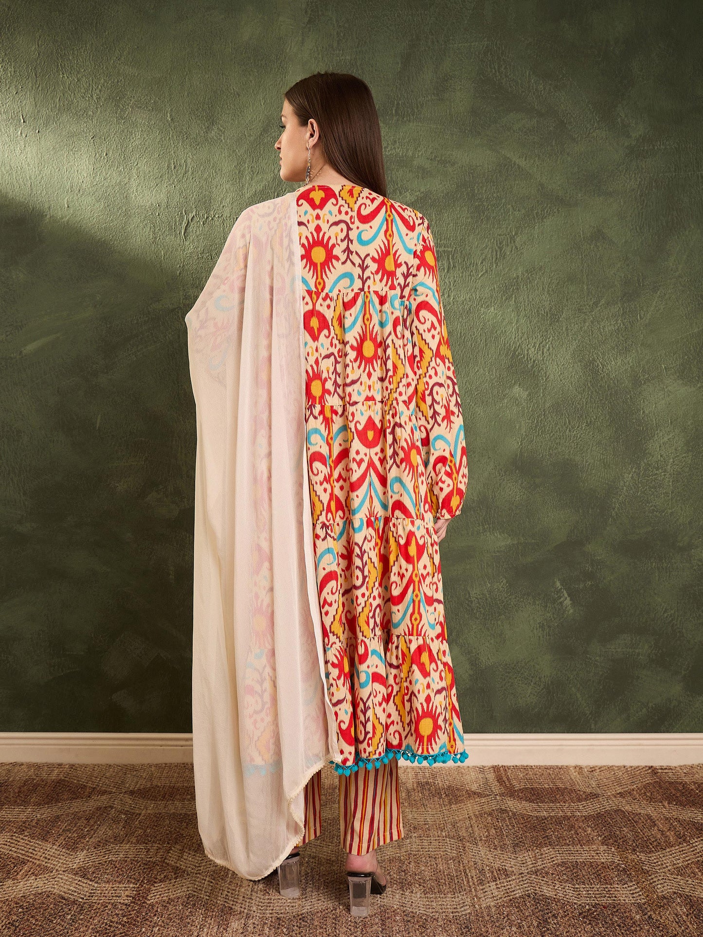 Red & Beige Ikat Tiered Anarkali Kurta Set with Dupatta