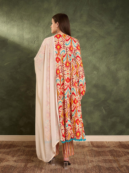 Red & Beige Ikat Tiered Anarkali Kurta Set with Dupatta