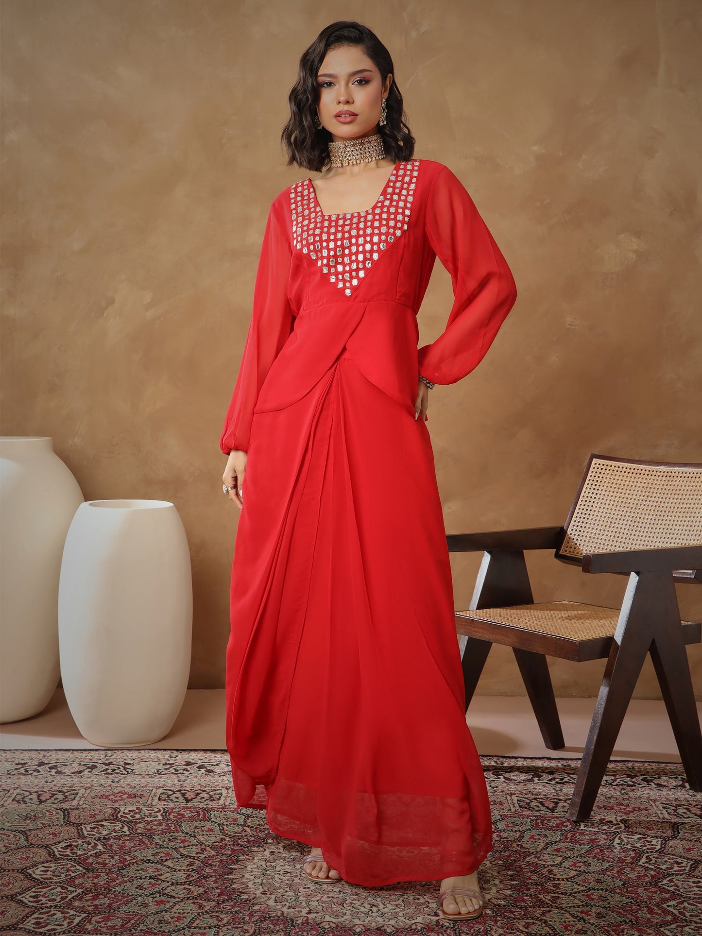 Women Red Embroidered Square Neck Top With Drape Skirt