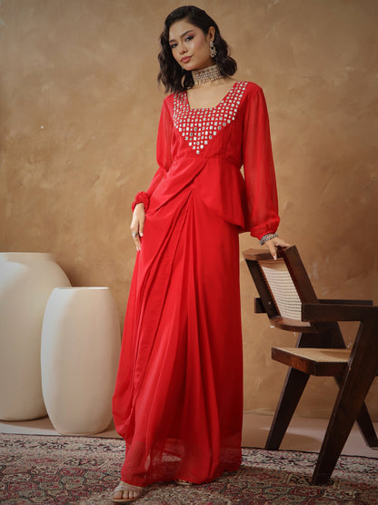 Women Red Embroidered Square Neck Top With Drape Skirt