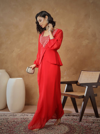 Women Red Embroidered Square Neck Top With Drape Skirt