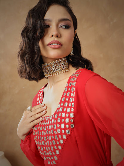 Women Red Embroidered Square Neck Top With Drape Skirt