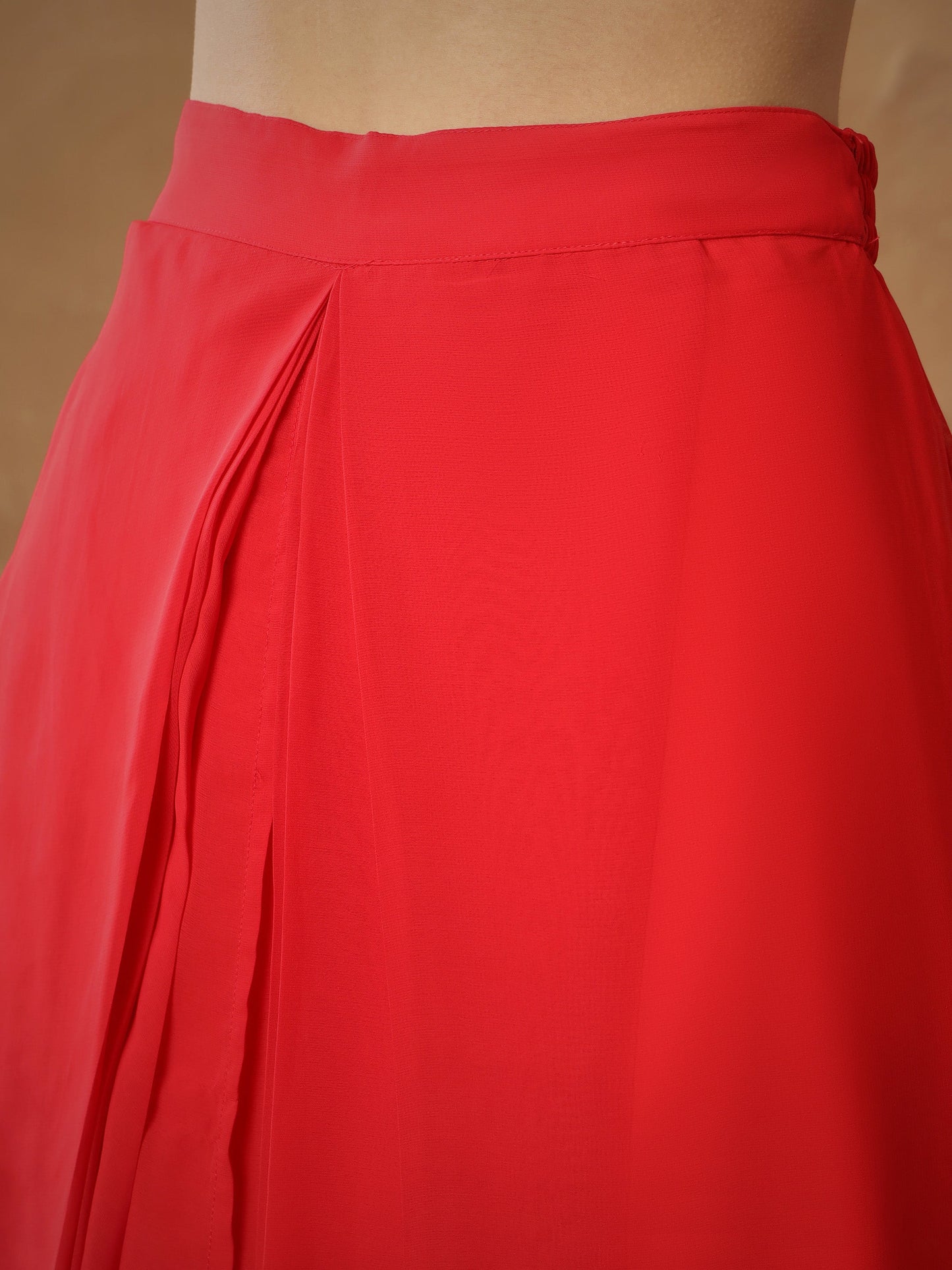 Women Red Embroidered Square Neck Top With Drape Skirt