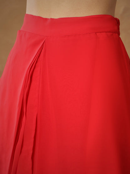 Women Red Embroidered Square Neck Top With Drape Skirt